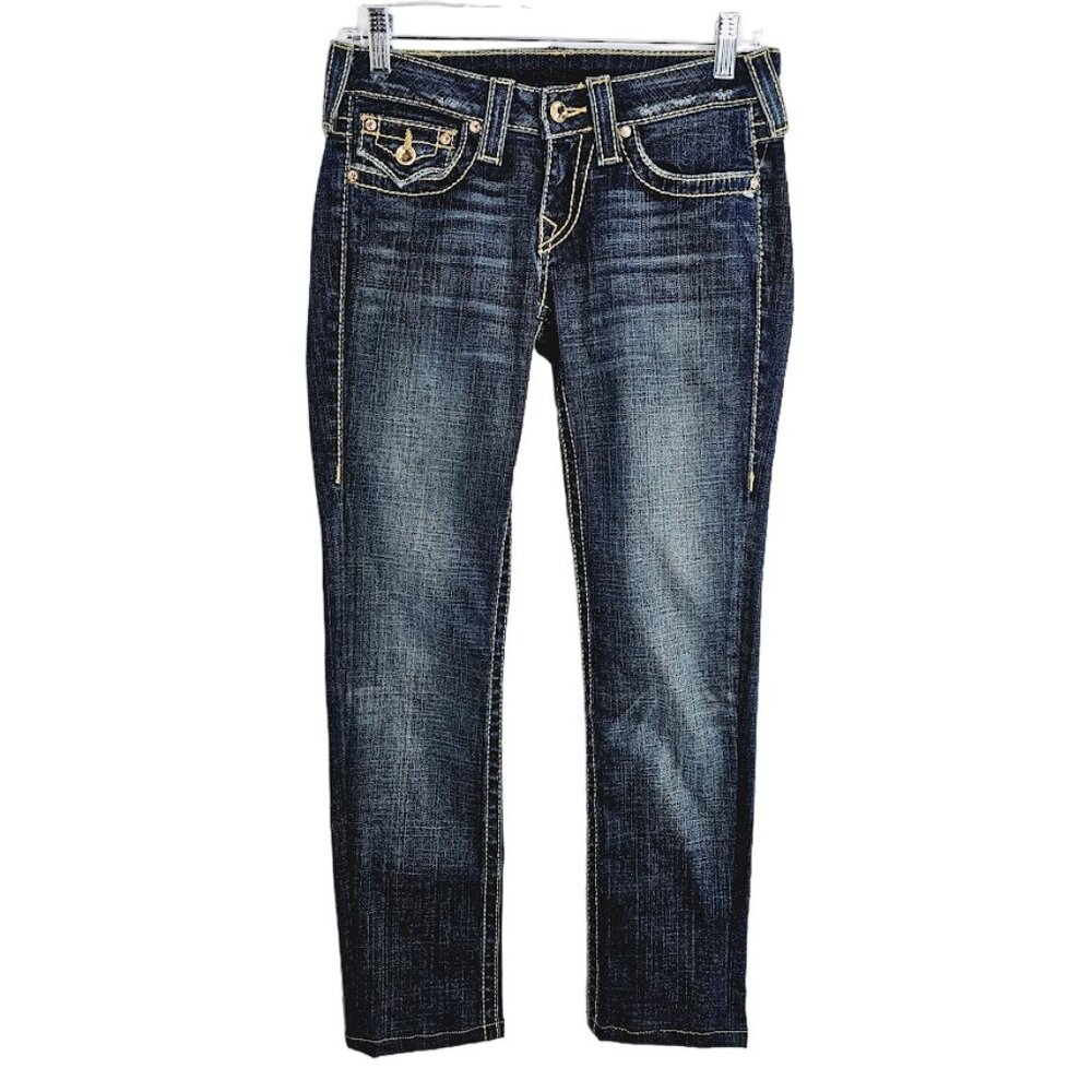 Women's TRUE RELIGION Jeans DARK BLUE Denim size 27 (4) w Rhinestones Low-Rise